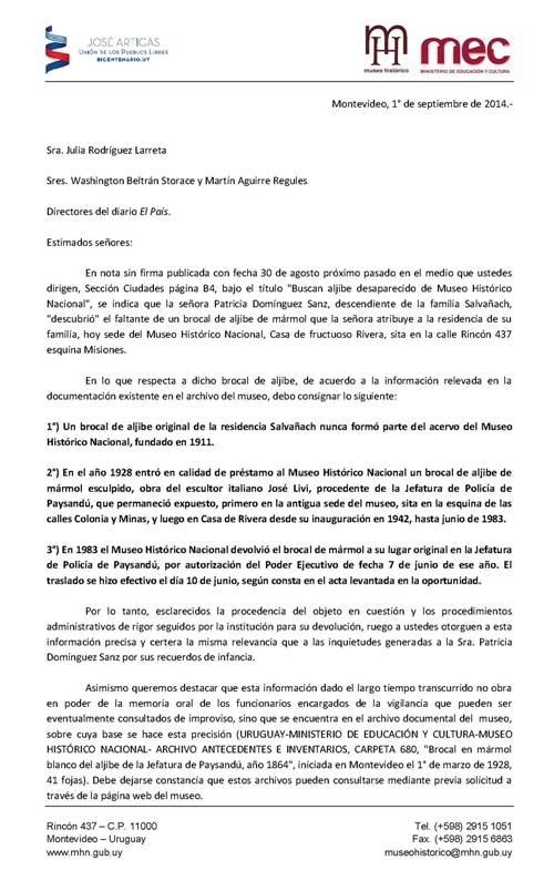Carta de la directora del Museo Histórico Nacional, Mag. Ariadna Islas dirigida a las autoridades del diario El País.
